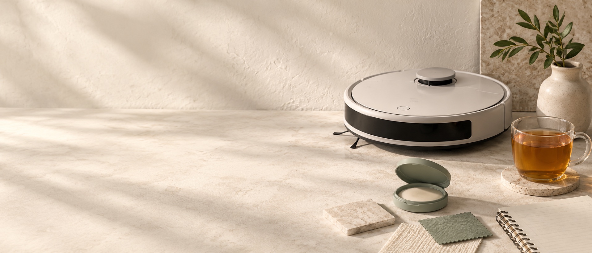 Illustrative still life of a robot vacuum, cosmetic compact and tea on a sunlit table